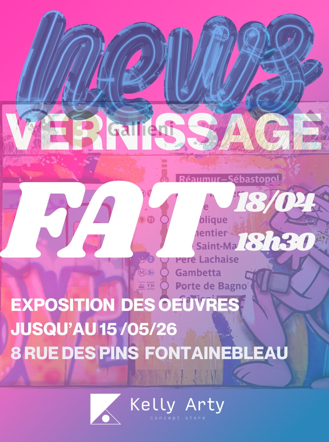 Invitation au vernissade de FAT le 18 avril 2026 à la galerie Kelly Arty