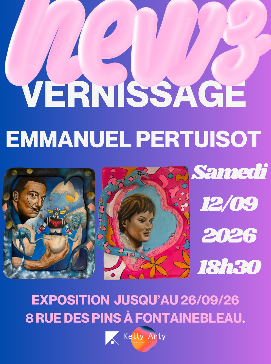 Invitation au vernissage et exposition d'Emmanuel Pertuisot à la galerie Kelly Arty à Fontainebleau
